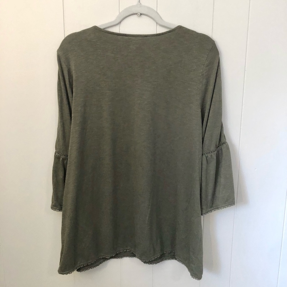 JJill Peasant Top Bell Sleeves Button Details Olive Green 100% Cotton Large - Picture 5 of 5